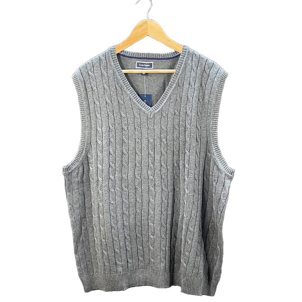 Club Room Men Vest XXL Gray w Cable Knit Swirl Knot Trim & Ribbed Edges